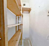 A narrow pantry with wooden shelves in a 3-room apartment, white walls.