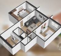3D floor plan of a 3-room apartment with a wood-decor floor and furnished interior.
