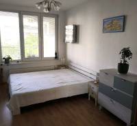 Bedroom in a 2-room apartment with a bed, dresser, and wooden decor flooring.