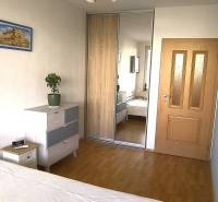 Bedroom with built-in wardrobe, wooden floor decor, cabinet, bed, chandelier, plant.