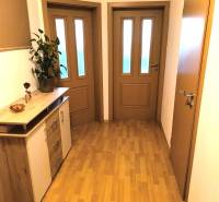 A hallway in a 2-room apartment with a wooden decor floor and wooden furniture.