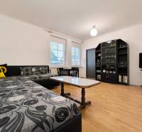 Living room in a family house with a sofa, shelves, television, and a wooden decor floor.