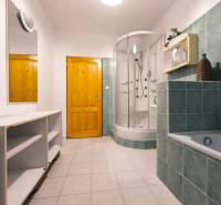 Bathroom with a bathtub and a shower in a family house. Green tiles and white cabinets.