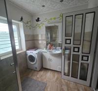 Bathroom with a washing machine, sink, shower corner, and wall decorations in a family house.