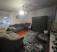 Living room in a family house with a gray sofa and a wooden-patterned floor.