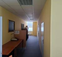 Offices with narrow corridor space, desks, and wall decorations.