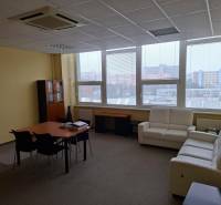 Spacious office with sofas, a desk, and windows overlooking the city skyline.