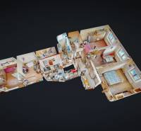 3D floor plan of a family house with a wooden decor floor and several rooms.
