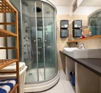 Bathroom with a shower and a sink with a wooden decor, 3-room apartment.