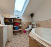 A bathroom in a family house with a bathtub, washing machine, shelf, and skylight.