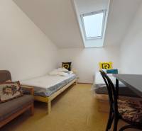 A room in a family house with a skylight, two beds, and a chair.