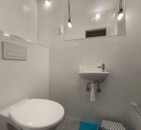 Bathroom in a family house with a wall-mounted toilet, sink, and lights.