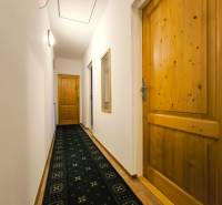 Hallway of a family house with wooden doors and a carpet.