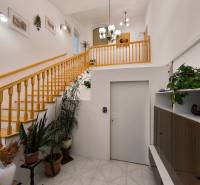In the interior of the family house, there is a wooden staircase, plants, and lighting fixtures.