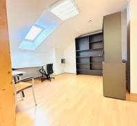 Offices with wood-patterned flooring, a skylight, and a shelving system.