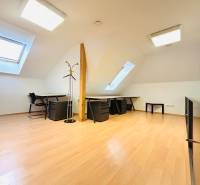 Offices with wood-patterned flooring, desks, chairs, and skylights.