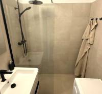 A bathroom with a spacious shower in a 3-room apartment.