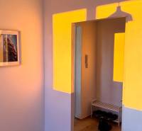 Interior of a 3-room apartment with wood-patterned flooring and a mirror by the entrance.