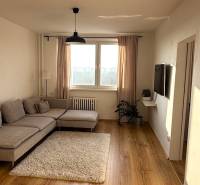 Living room in a three-room apartment with a wooden decor floor and a light sofa.