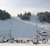 Ski resort on recreational grounds in Litmanová with skiers and snow-covered forests.