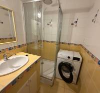 Bathroom in a 3-room apartment with a sink, shower, and washing machine, yellow and white tiles.