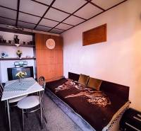 The interior of the cabin with a sofa, dining table, and built-in wardrobe is dominated by a natural color palette.