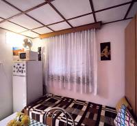 A cottage with a simple interior, a couch, a refrigerator, a microwave, and floral decorations.