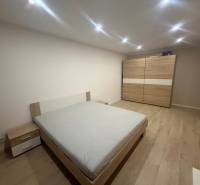 Bedroom in a 3-room apartment with wooden decor furniture, wooden decor flooring.