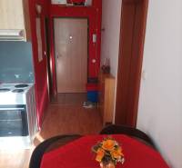 A one-room apartment with bold red walls and a wooden decor floor.