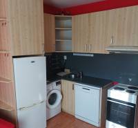 A kitchenette with wooden decor and appliances in a studio apartment.