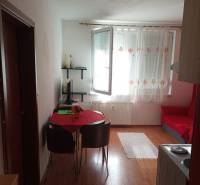 Living area of a studio apartment with a wood-patterned floor, table, and chairs.