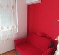 Red sofa, wall-mounted air conditioner, and curtain in a studio apartment with wood-patterned flooring.