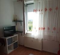 Room in a one-bedroom apartment, wooden decor flooring, television, open window with a view.