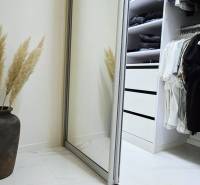 In the wardrobe of the family house, there is a vase with pampas grass and sliding mirror doors.