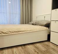 Bedroom in a family house with a bed and a wardrobe, floor with wooden decor.