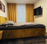 Bedroom in a family house with a bed, nightstand, TV, and curtains.