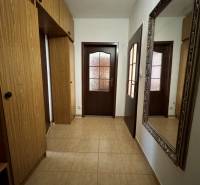 A hallway in a 3-room apartment with a tiled floor, a mirror, and wood decor cabinets.