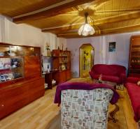 Living room in a family house with sofas, display cabinets, and a wooden-patterned floor.