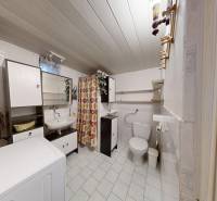 A bathroom in a family house with a washing machine, sink, toilet, and a shower curtain with a floral pattern.