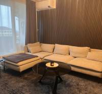 A light sofa in a 2-room apartment with wooden decor on the wall and a table.