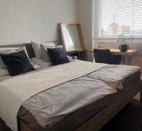 Bedroom in a 2-room apartment with a bed, a desk, and a wooden decor floor.