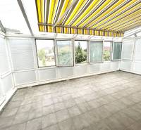 Winter garden in a family house with large windows and yellow striped blinds.