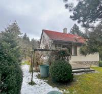A garden cottage in Modra surrounded by greenery and a snow-covered path.