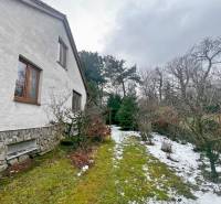 The garden by the cottage in Modra with a lawn, snow, and trees along the house.