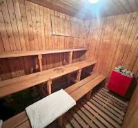 Wooden sauna with benches and a stove in the cabin.