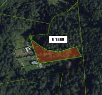 Aerial view of agricultural and forest lands in Malachovo, with plot E 1888 marked.
