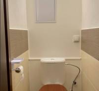 A toilet with a white wall, brown tiles, and a white toilet, 3-room apartment.