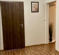 Entrance hall in a 3-room apartment with a patterned floor featuring a wooden decor and simple decoration.