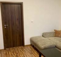 Living room with a sofa, wooden decor flooring, and dark doors in a 3-room apartment.