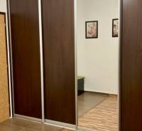 A wardrobe with sliding doors and a mirror in a 3-room apartment with a wood-patterned floor.